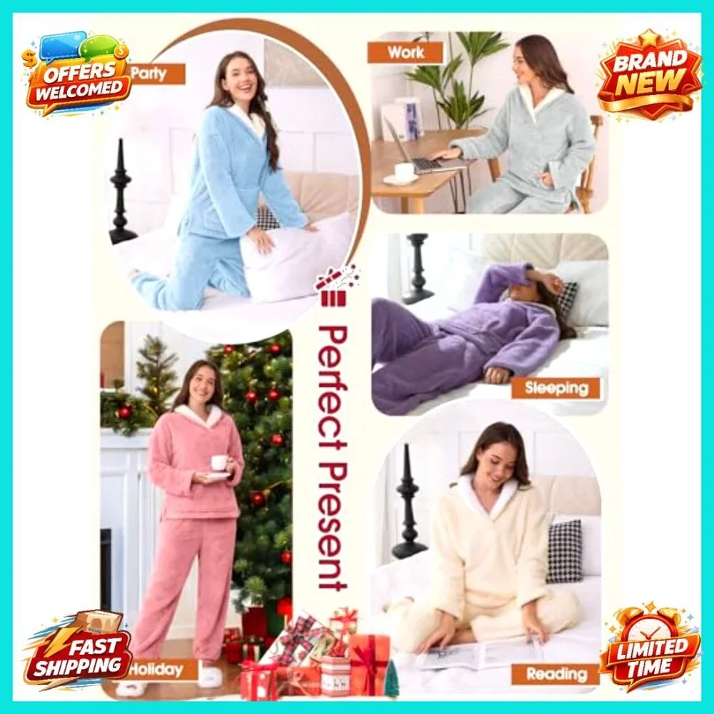 Fleece Fuzzy Pajama Set Cozy Winter Sleepwear Loungewear Pullover Pants Plush - Picture 2 of 7